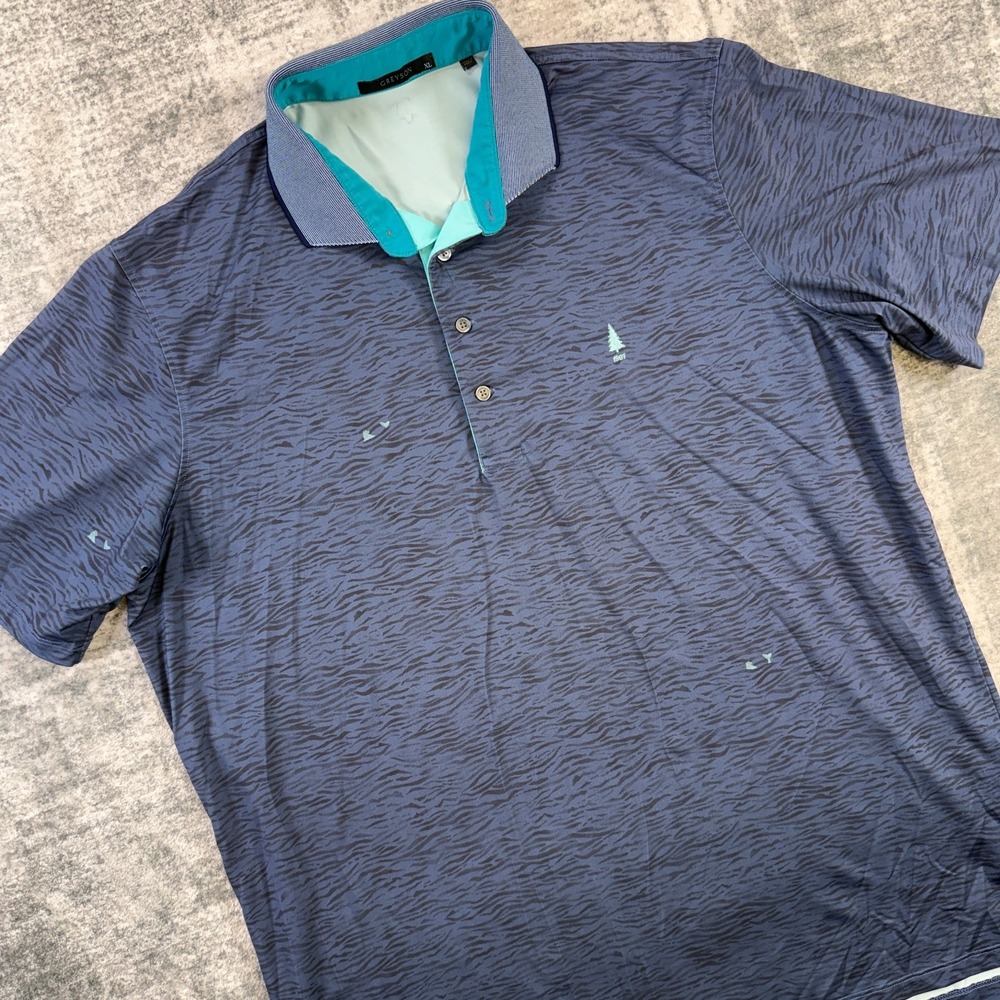 Greyson Golf Polo Shirt Mens XL Blue Tiger Stripe Wave Print Performance Stretch